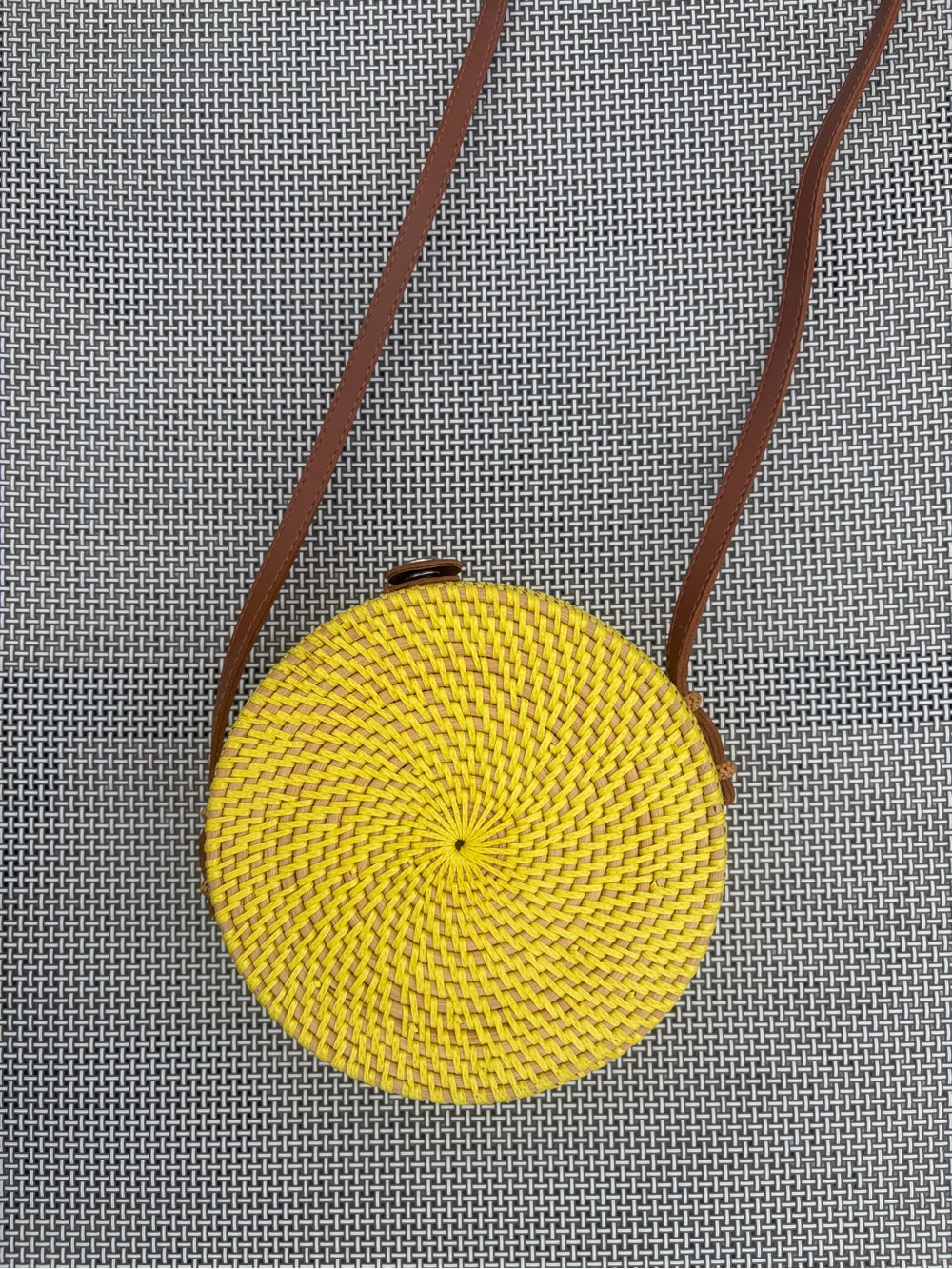 From Bali Yellow Woven Round Crossbody Bag with Brown Strap